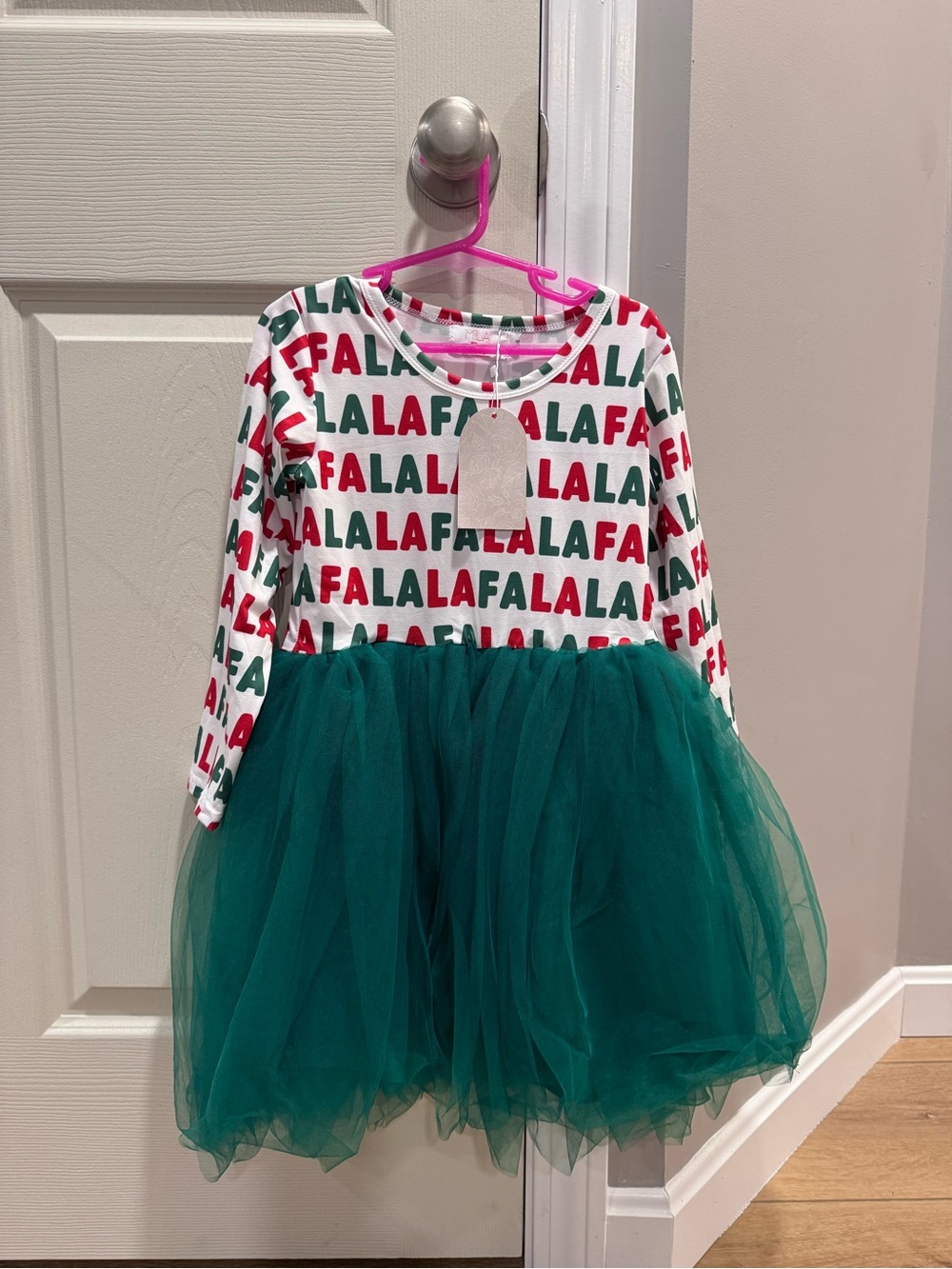 Girls' Green Tulle Holiday Costume Dress - 'FALALA' Print